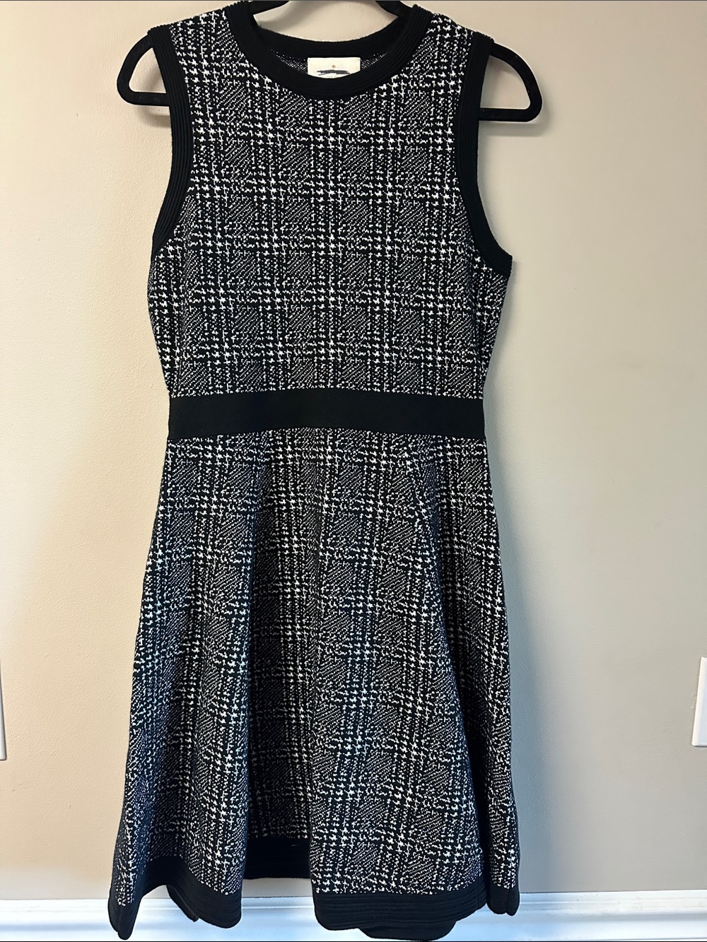 Kate Spade NWOT Black White Plaid Knit Fit Flare Sweater Dress M